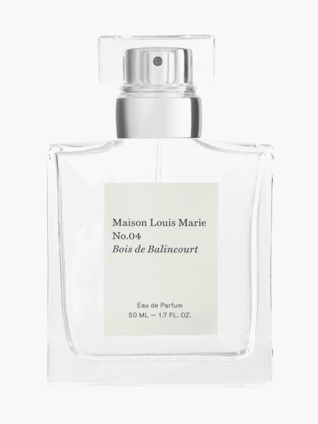 Maison Louis Marie Eau de Parfum No.04 Bois de Balincourt in branded clear bottle with spray cap on light gray background