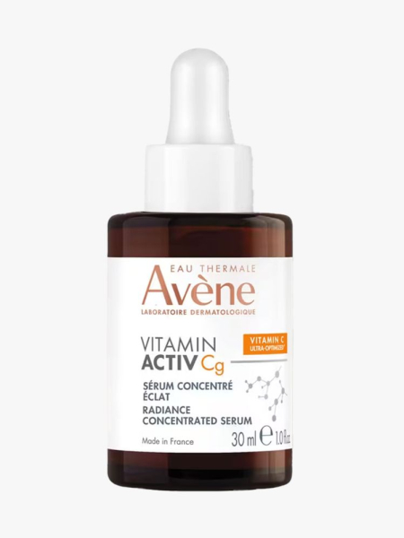Container of Avène Vitamin Activ Cg Serum with white cap on light gray background